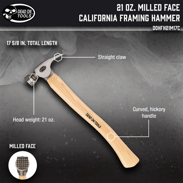 Proferred California Framing Hammer, 21 oz. Rip Claw, Milled Face, Hickory  Wood Handle, Ergornomic Wood Handle, T49001